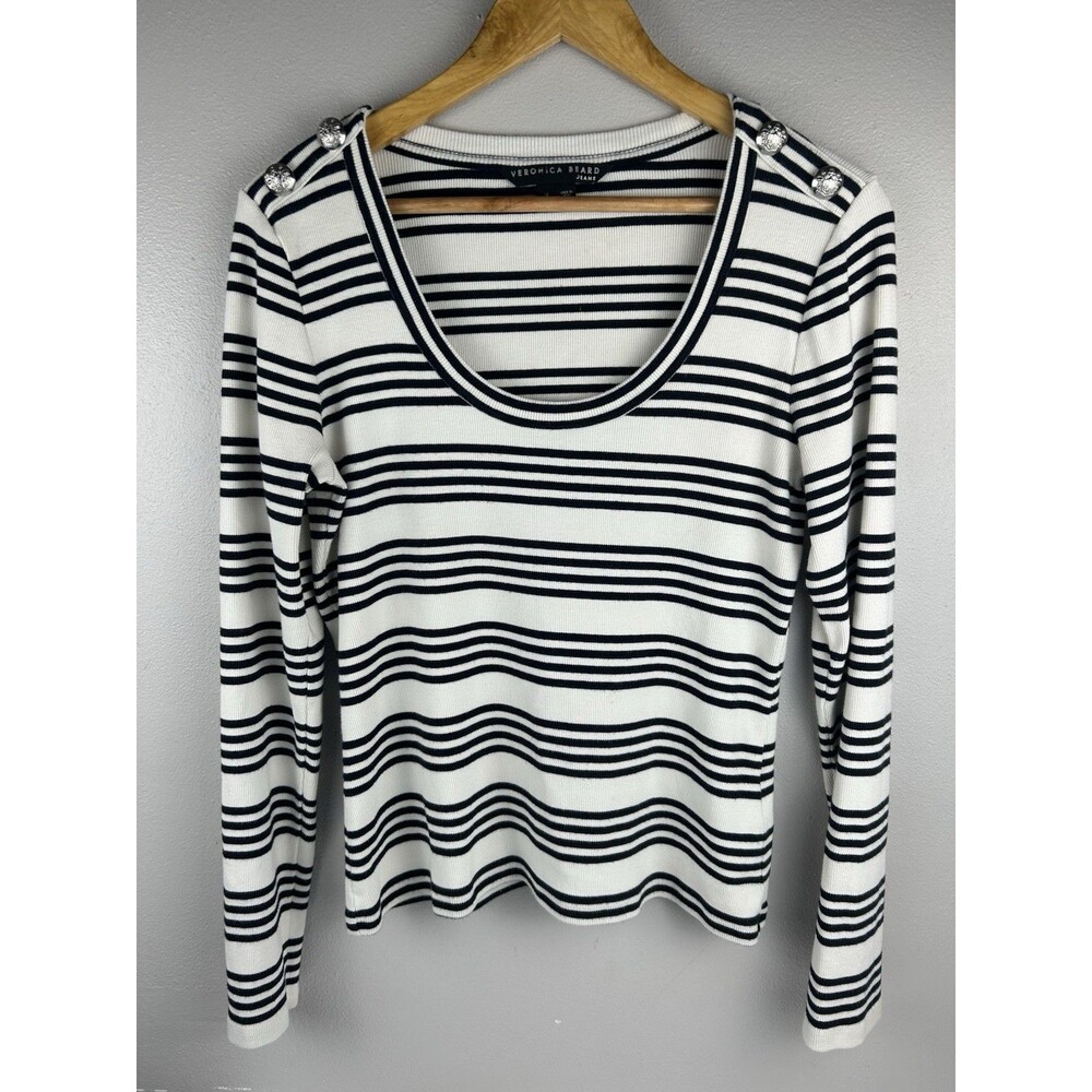 Veronica Beard Lizzie Top Size M Scoop Neck navy Stripe Buttons nautical